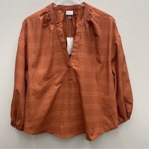 A New Day Women's Orange/Rust Plaid V-Neck Balloon Sleeve Top Size XL NEW